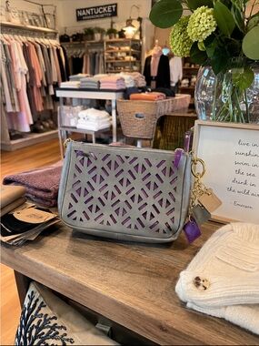 Claudia G Gray & Purple Cutout Leather Wristlet Pouch & Key Tag